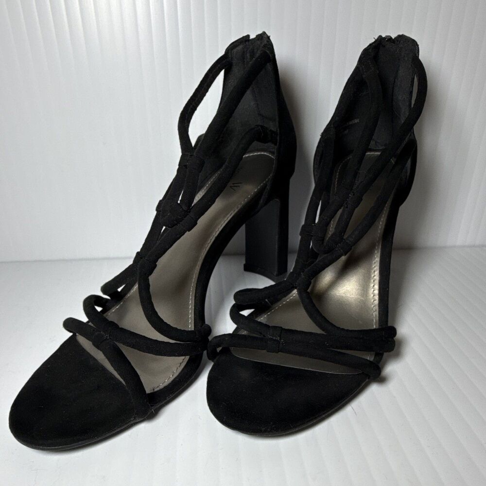 Worthington Strappy Black Suede Block Heel Sandals Zip Women’s Size 8.5